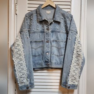 POL Long Sleeve Denim Jacket With Lace And Pearl Detail